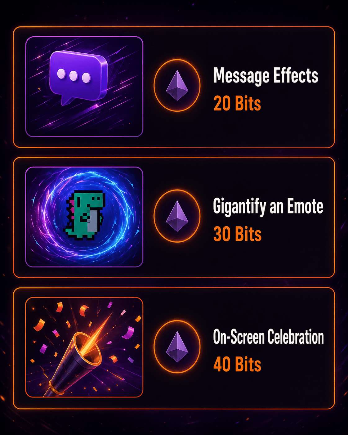 Bits Rewards menu showing channel power-ups viewers can trigger with Bits